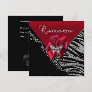 Convite Festa de 15 anos Quinceanera Zebra Vermelho Preto