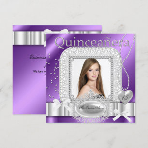 Convite Festa de 15 anos roxo branco renda pérola foto