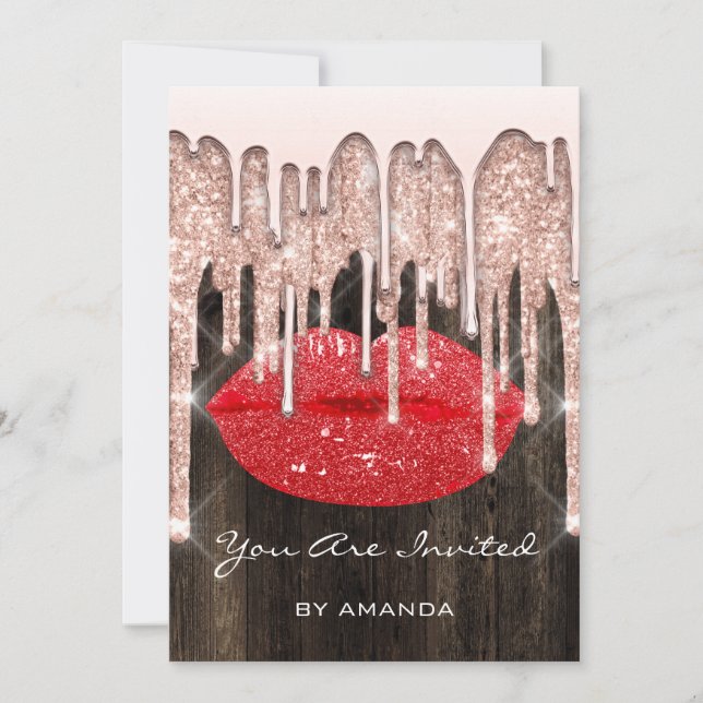 Convite Festa de 16 anos Beijo Lábios Rosa Brilho Madeira. (Frente)