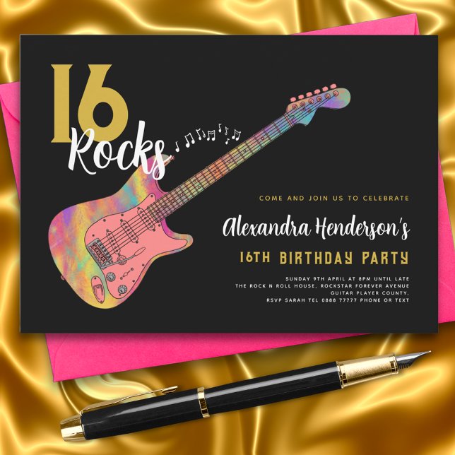 Convite Festa de 16 anos de Rock and Roll (Rock and roll 16th birthday party black and gold invitation )