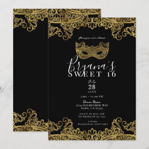 Convite Festa de 16 Anos Doce Máscara de Renda Preta e Dou