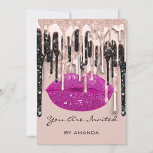 Convite Festa de 16 anos Kiss Lips Rosa Brilho Gotas Baga