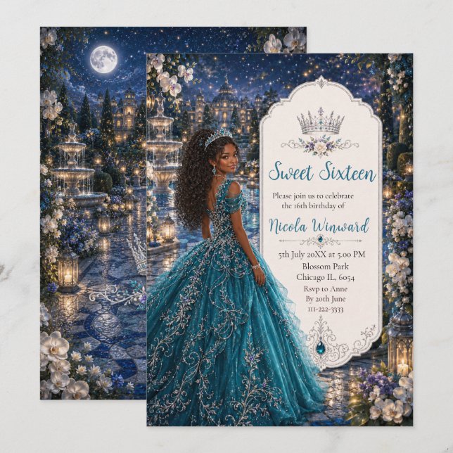 Convite Festa de 16 Anos Princesa Azul Turquesa Doce (Frente/Verso)