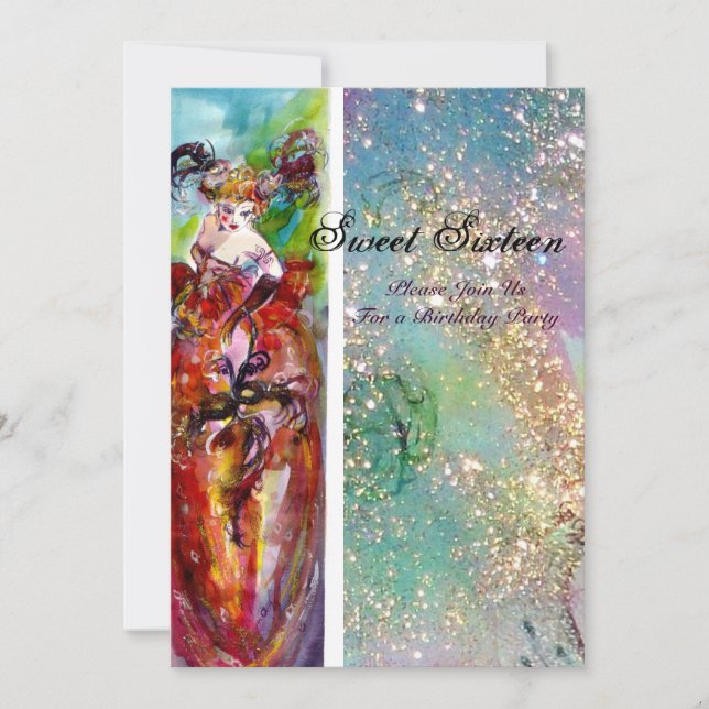 Convite Festa de 16 Mascarada, COLUNA, ouro azul (Frente)