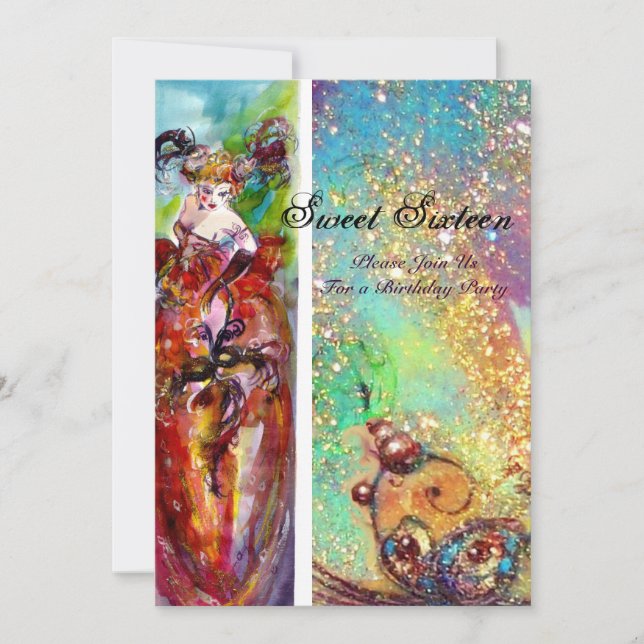 Convite Festa de 16 Mascarada, COLUNA, ouro azul (Frente)