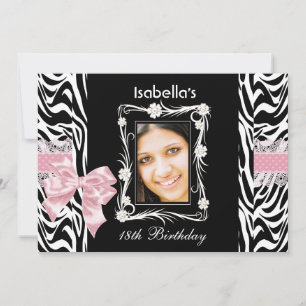 Convite Festa de 18 Anos Pink Black White Zebra