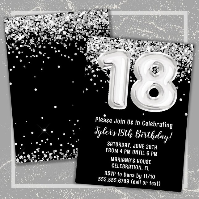 Convite Festa de 18 anos preta branca e prata (Black and White 18th Birthday Party Invitation)