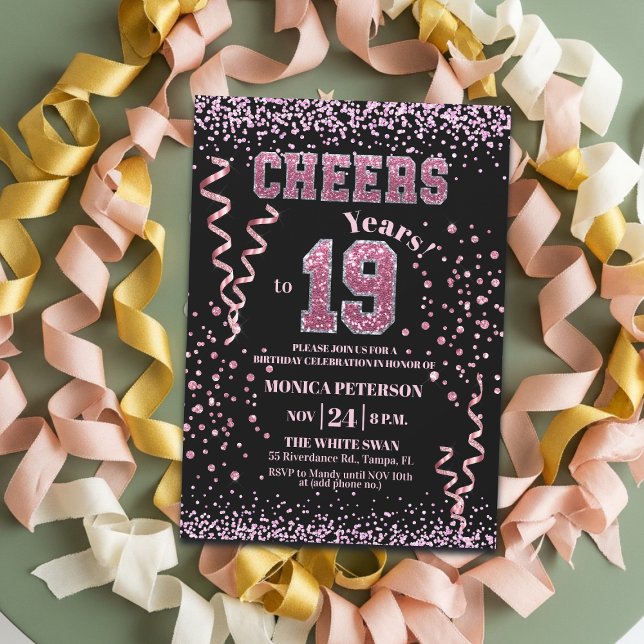 Convite Festa de 19º Aniversário com Brilho Rosa  (Criador carregado)