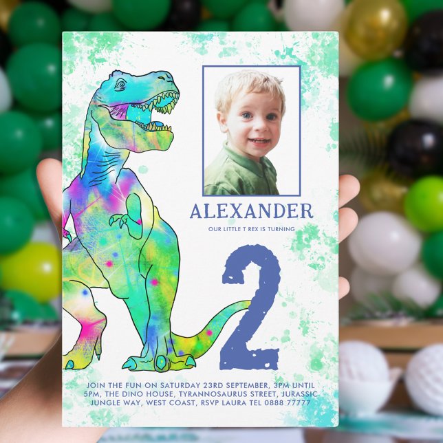 Convite Festa de 2º Aniversário com tema de Dinossauro Fot (Dinosaur T-Rex photo template boys fun birthday party green and blue )