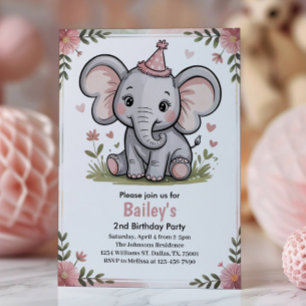 Convite Festa de 2º Aniversário do Elefante Rosa Fofo Infa