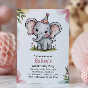Convite Festa de 2º Aniversário do Elefante Rosa Fofo Infa