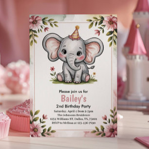 Convite Festa de 2º Aniversário do Elefante Rosa Fofo Infa