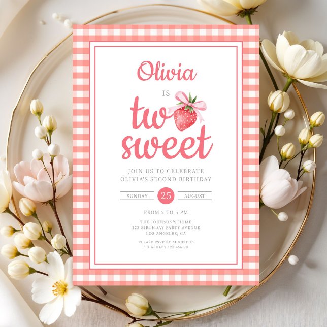 Convite Festa de 2º Aniversário Morango Dois Doce (Strawberry Two Sweet 2nd Birthday Party Invitation)