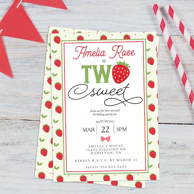 Convite Festa de 2º Aniversário Two Sweet Strawberry (Two Sweet Strawberry 2nd Birthday Party Invitation)