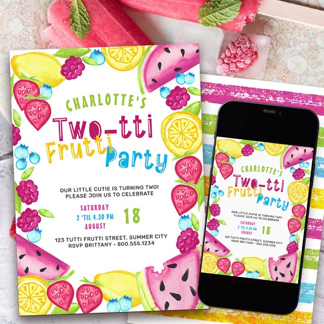 Convite Festa de 20 Frutti Festa de Verão Cutie de Fruta e (Two-tti frutti such a cutie 2nd birthday party invitation)