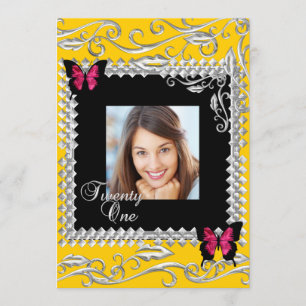 Convite Festa de 21º Aniversário Borboletas Rosa e Preto