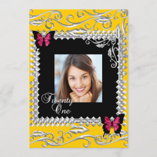 Convite Festa de 21º Aniversário Borboletas Rosa e Preto
