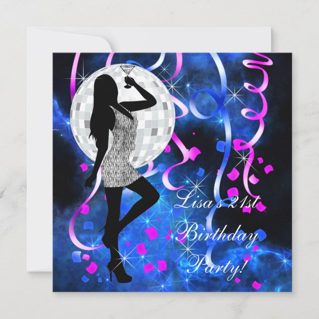 Convite Festa de 21 anos Azul Real e Rosa Neon (Frente)
