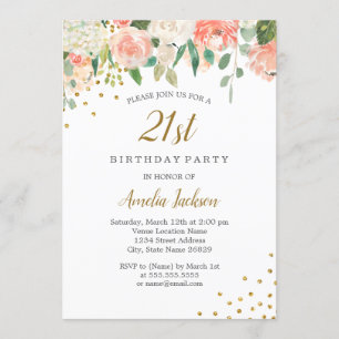 Convite Festa de 21 Anos com Floral em Aquarela Dourado Pê