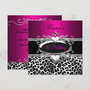 Convite Festa de 21 anos Prata Rosa Preto Branco Leopardo