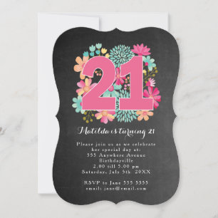 Convite Festa de 21 Anos Quadro-Negro Pintado com Flores
