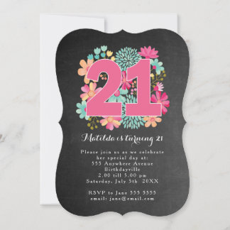 Convite Festa de 21 Anos Quadro-Negro Pintado com Flores