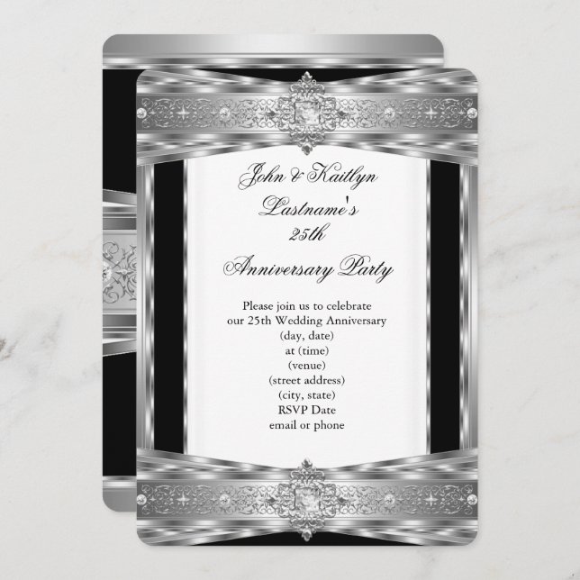 Convite Festa de 25º Aniversário Damask Diamante Prata Pre (Frente/Verso)