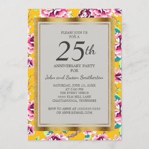 Convite Festa de 25º Aniversário Floral Rosa Mostarda Amar