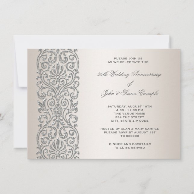 Convite Festa de 25º Aniversário Pearl Silver Border (Frente)
