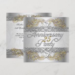 Convite Festa de 25º Aniversário Prata Dourado Branco Eleg