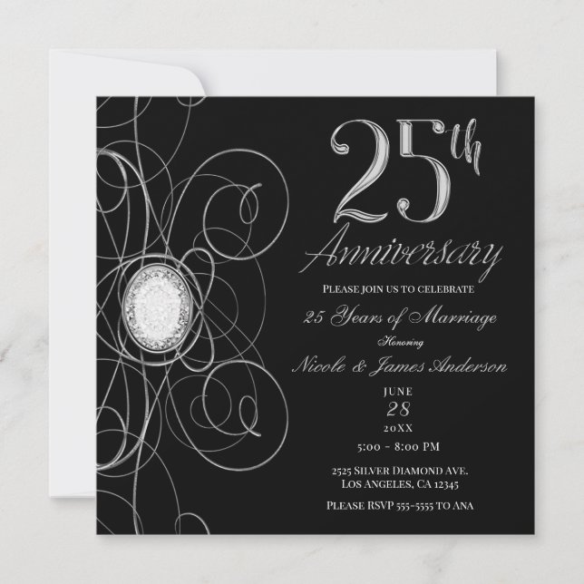 Convite Festa de 25 anos Black & Silver Diamond 25 (Frente)