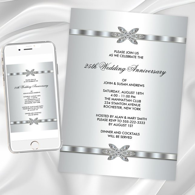 Convite Festa de 25 de Aniversário do Silver Diamantes (Silver diamond any event invitation. Instant download and printed invitations available.)