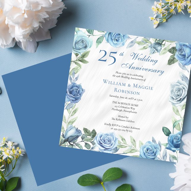 Convite Festa de 25 de Casamento de Azul Elegante (Elegant Blue and White with Sage Green Floral Frame Square 25th Wedding Anniversary Party Invitation)