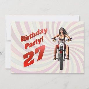Convite festa de 27º aniversário com uma garota numa moto