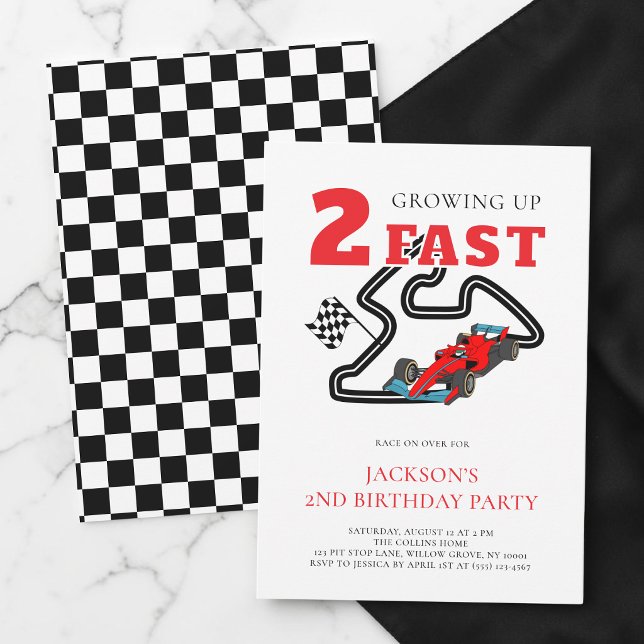 Convite Festa de 2 Anos do Menino do Carro Vermelho Cresce (Growing Up Two Fast Red Car Boy 2nd Birthday Party Invitation)