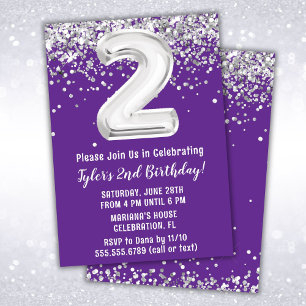 Convite Festa de 2 anos Purple Silver 2nd Birthday Party