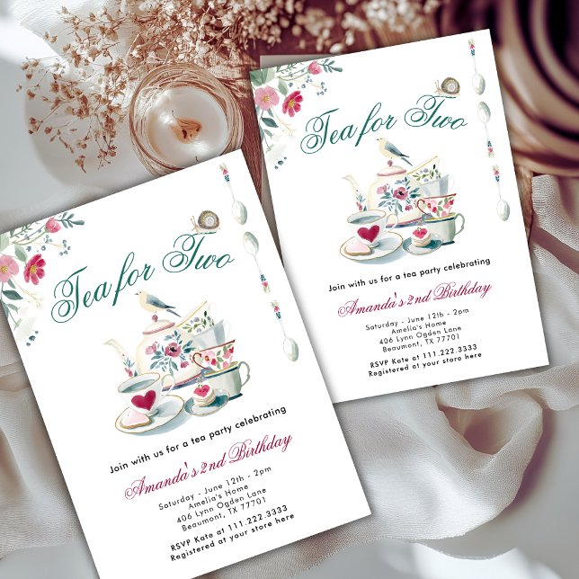 Convite Festa de 2 anos Tea For Two Animais Florais  (Criador carregado)