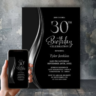 Convite Festa de 30º Aniversário com Estilo Preto e Prata