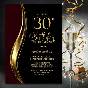 Convite Festa de 30 Anos Black Gold Burgundy