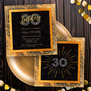 Convite Festa de 30 Anos Chic Glitter Preto e Dourado