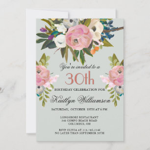 Convite Festa de 30 Anos com Flores Pintadas à Mão Elegant