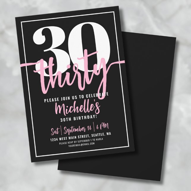 Convite Festa de 30 Anos do Script Black (Modern Black 30th Birthday Party Invitation )