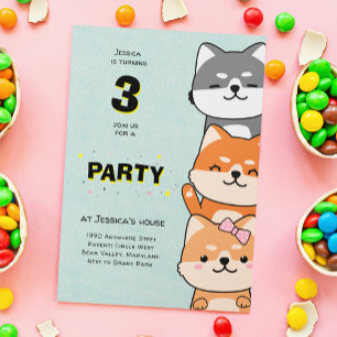 Convite Festa de 3 Anos Aniversário Adorável Shiba Inu Trê