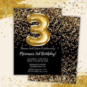 Convite Festa de 3 Anos da Menina Black Gold Kids