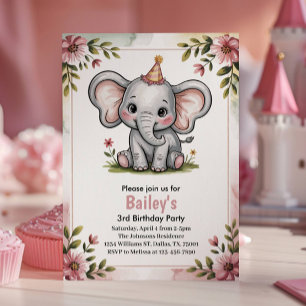 Convite Festa de 3 Anos de Elefante Rosa Fofo para Criança