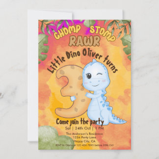 Convite Festa de 3 anos Dinosaur Stomp Chomp Rawr
