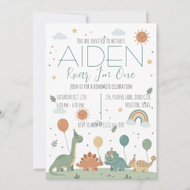 Convite Festa de 3 Anos Minimal Dinosaur Neutral Boho (Frente)
