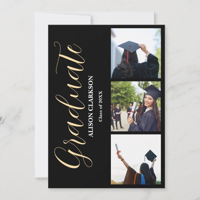 Convite Festa de 3 Fotografias Douradas em Preto e Branco  (Frente)