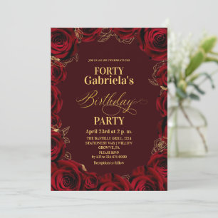 Convite Festa de 40 Anos Burgundy Vermelho Dourado Floral