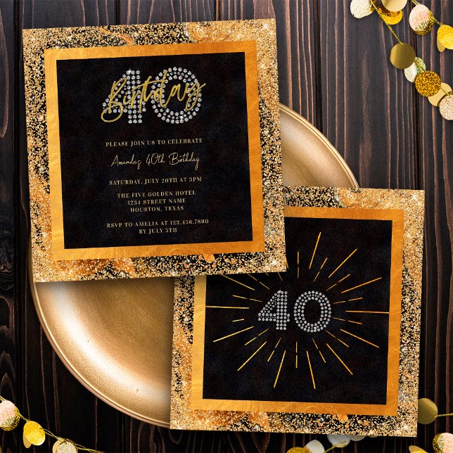 Convite Festa de 40 Anos Chic Glitter Preto e Dourado (Front / Back)